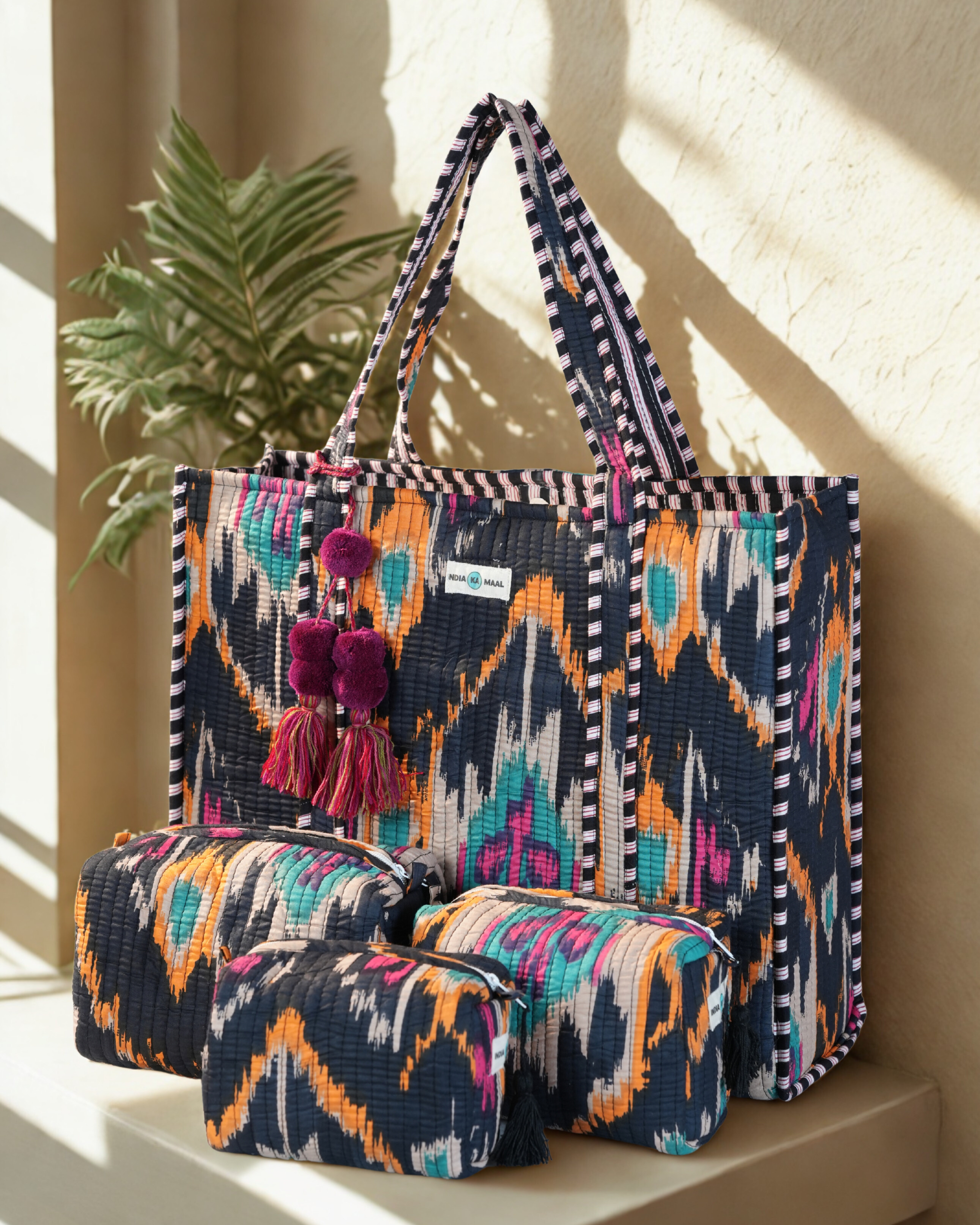 Hand Block Print Quilted Tote with 3 Matching Pouches (Black and Yellow)