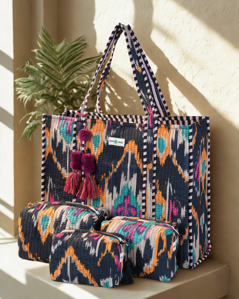 Hand Block Print Quilted Tote with 3 Matching Pouches (Black and Yellow)