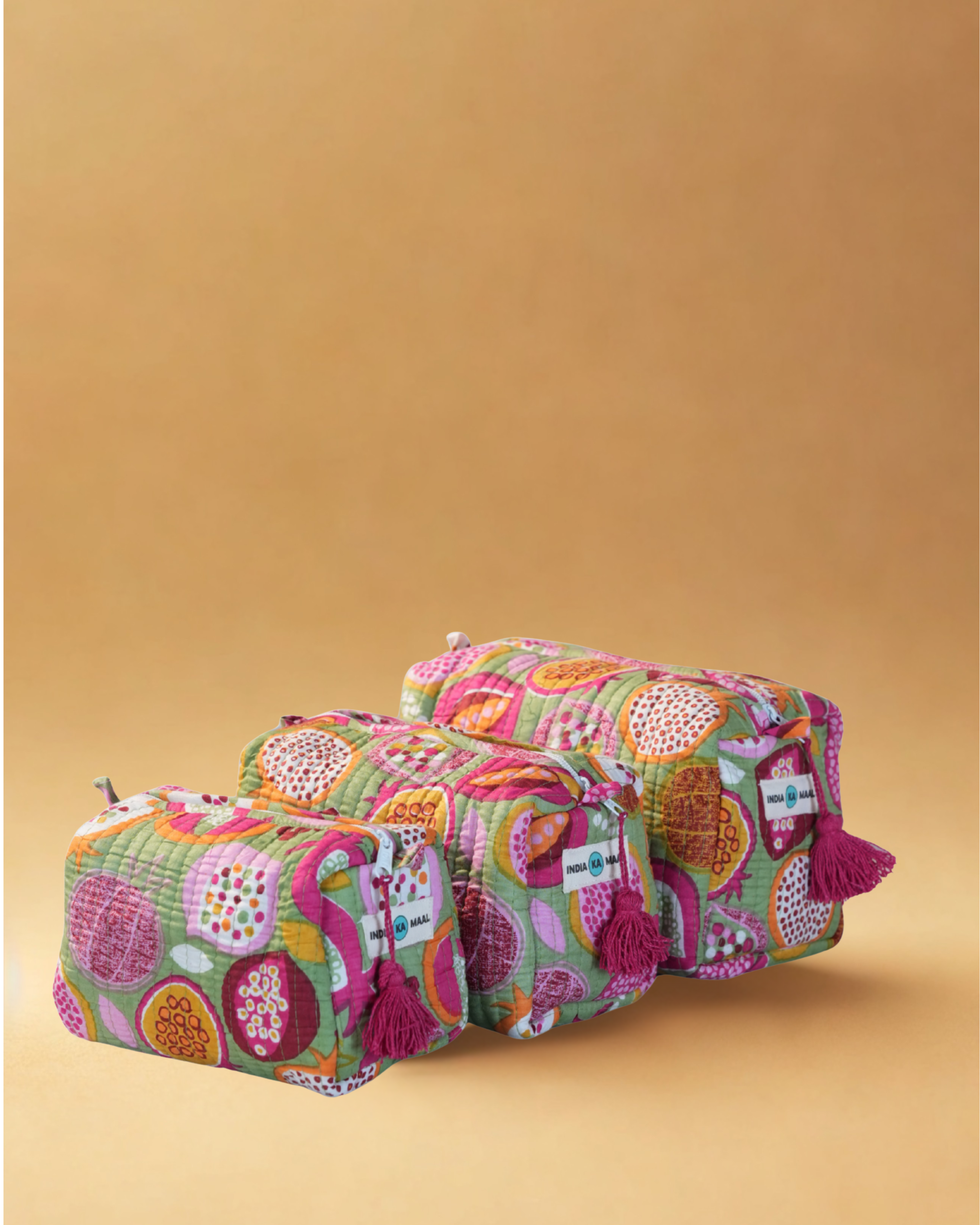 Handblock Quilted Pouch Set of 3 (Green and Pink)