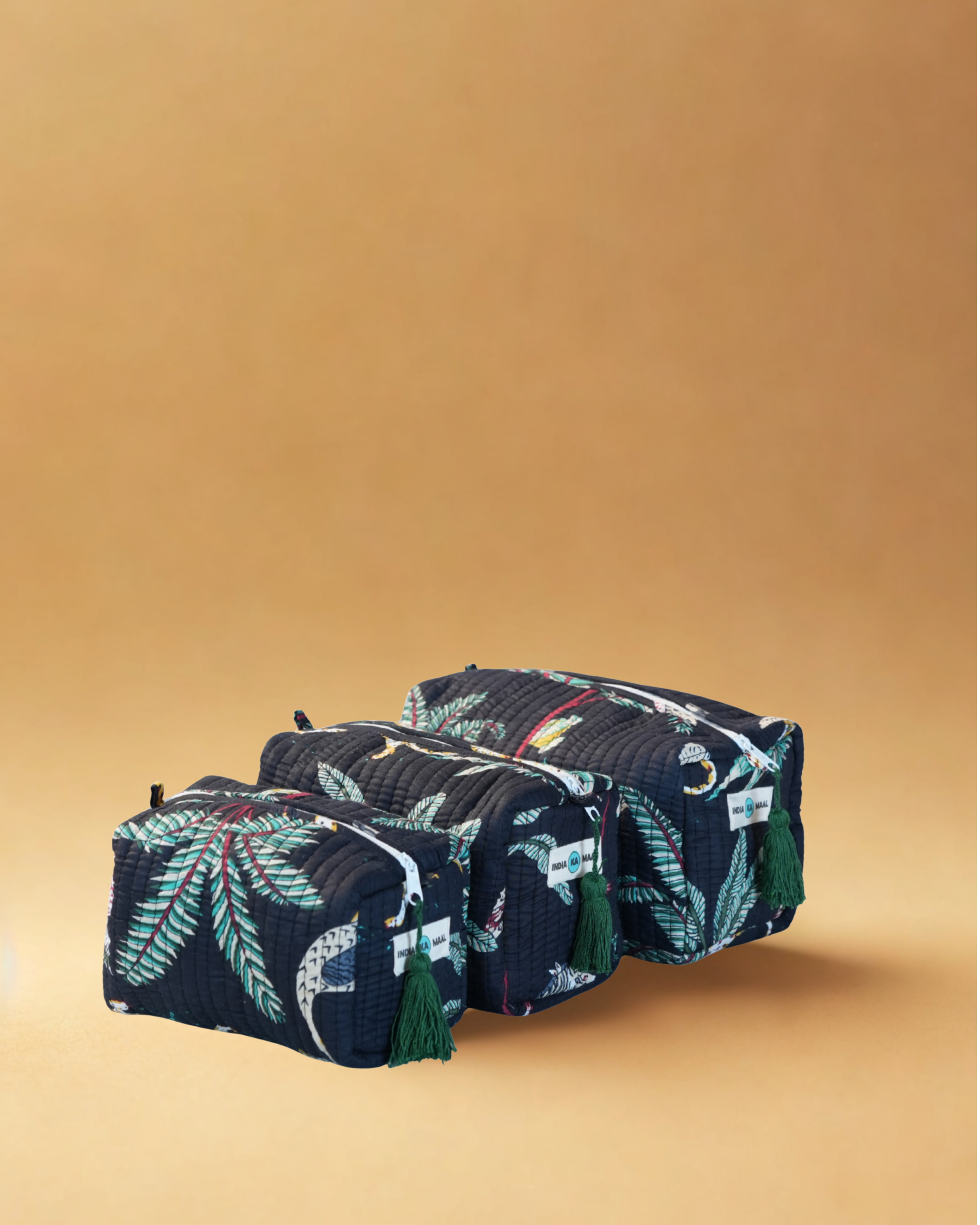 Handblock Quilted Pouch Set of 3 (Black and Green)