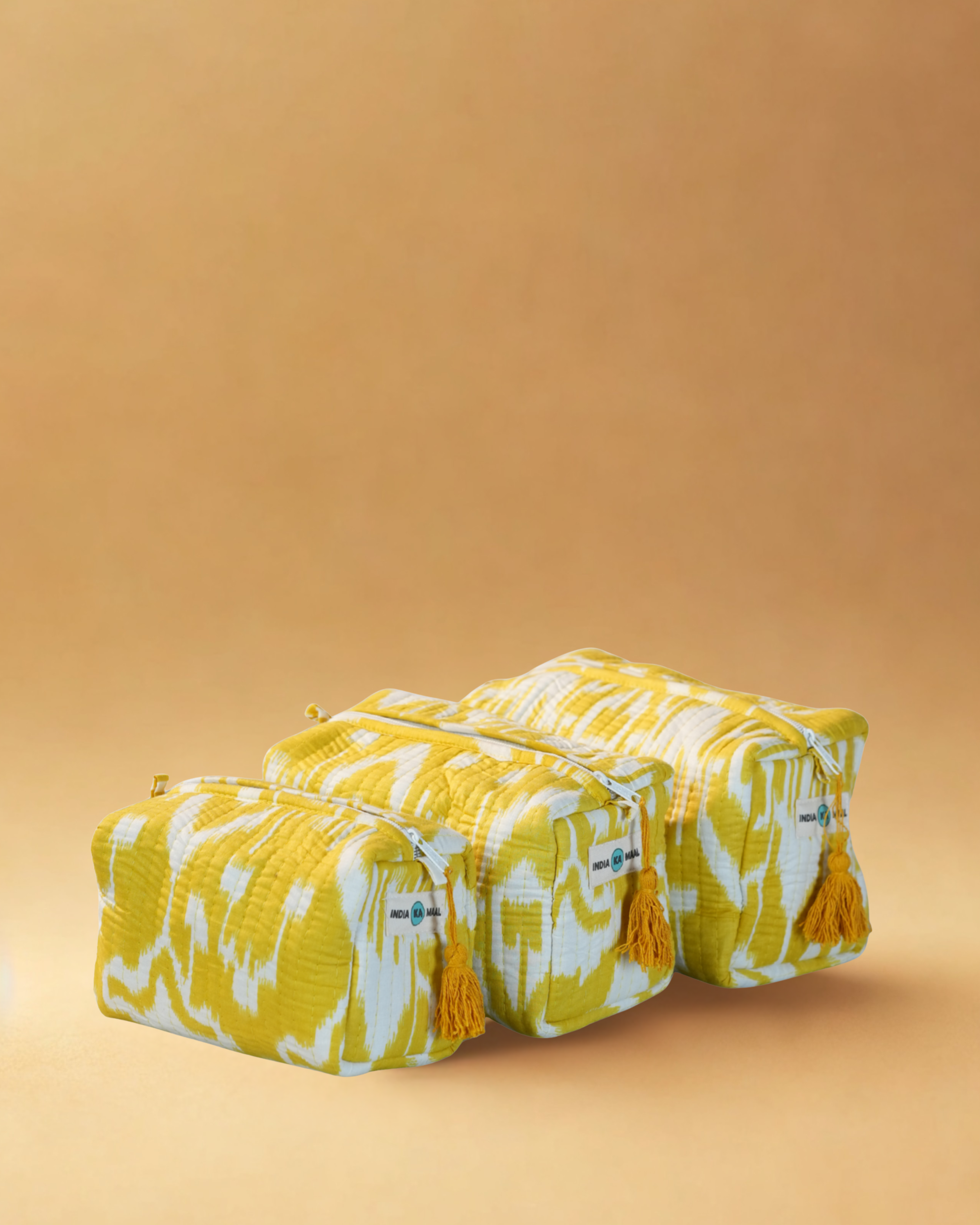 Handblock Quilted Pouch Set of 3 (Yellow and White)