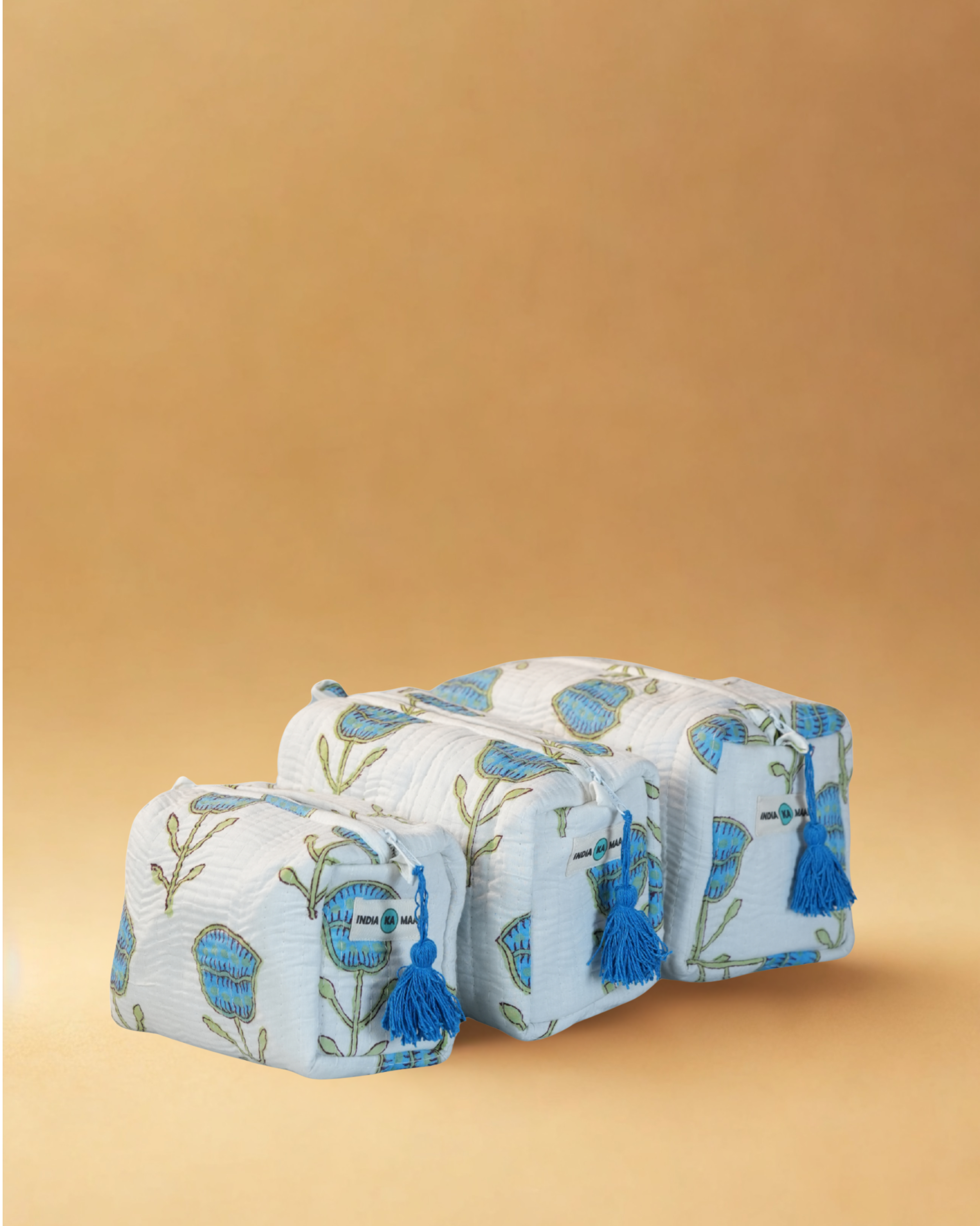 Handblock Quilted Pouch Set of 3 (White and Blue)