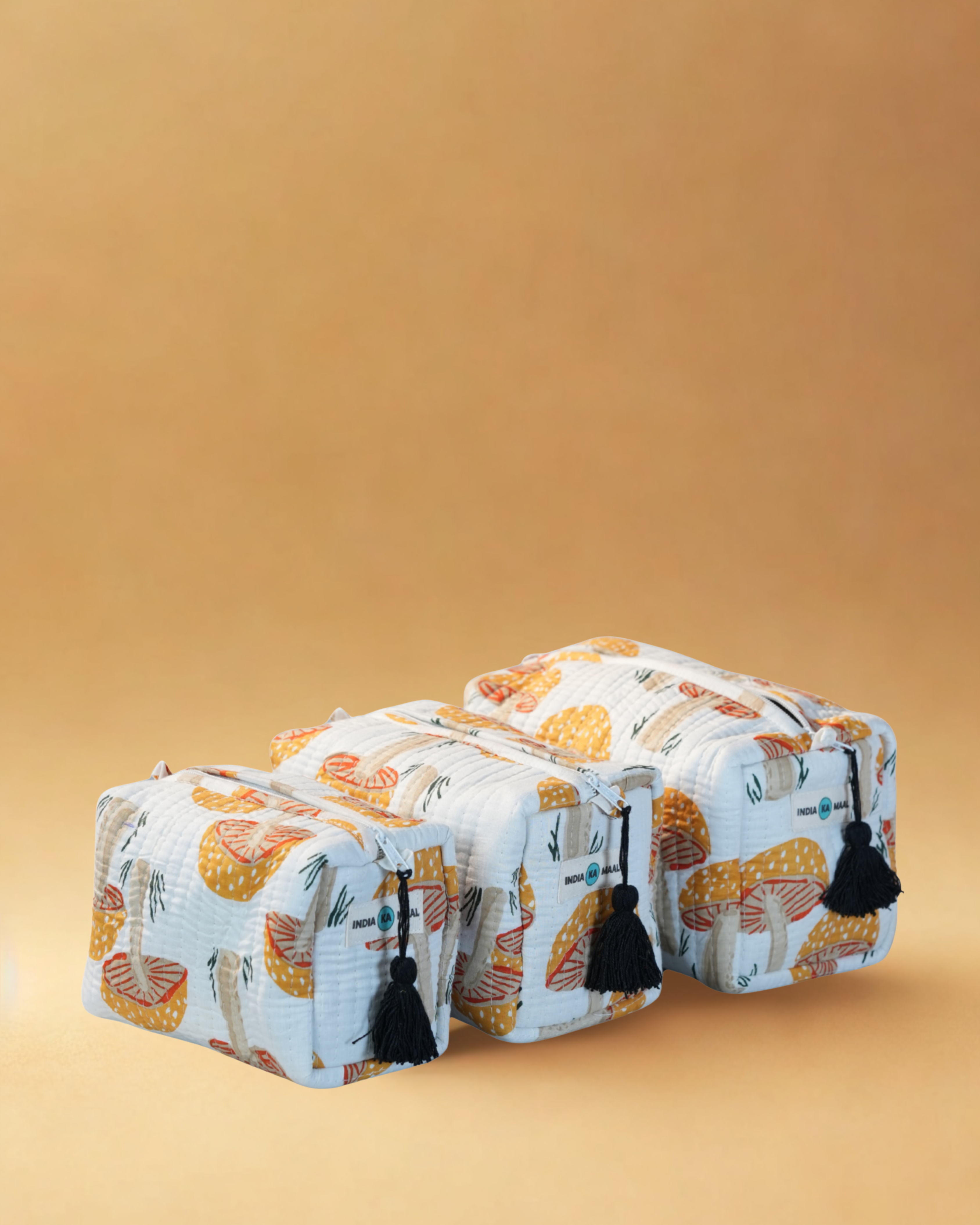 Handblock Quilted Pouch Set of 3 (White and Yellow)