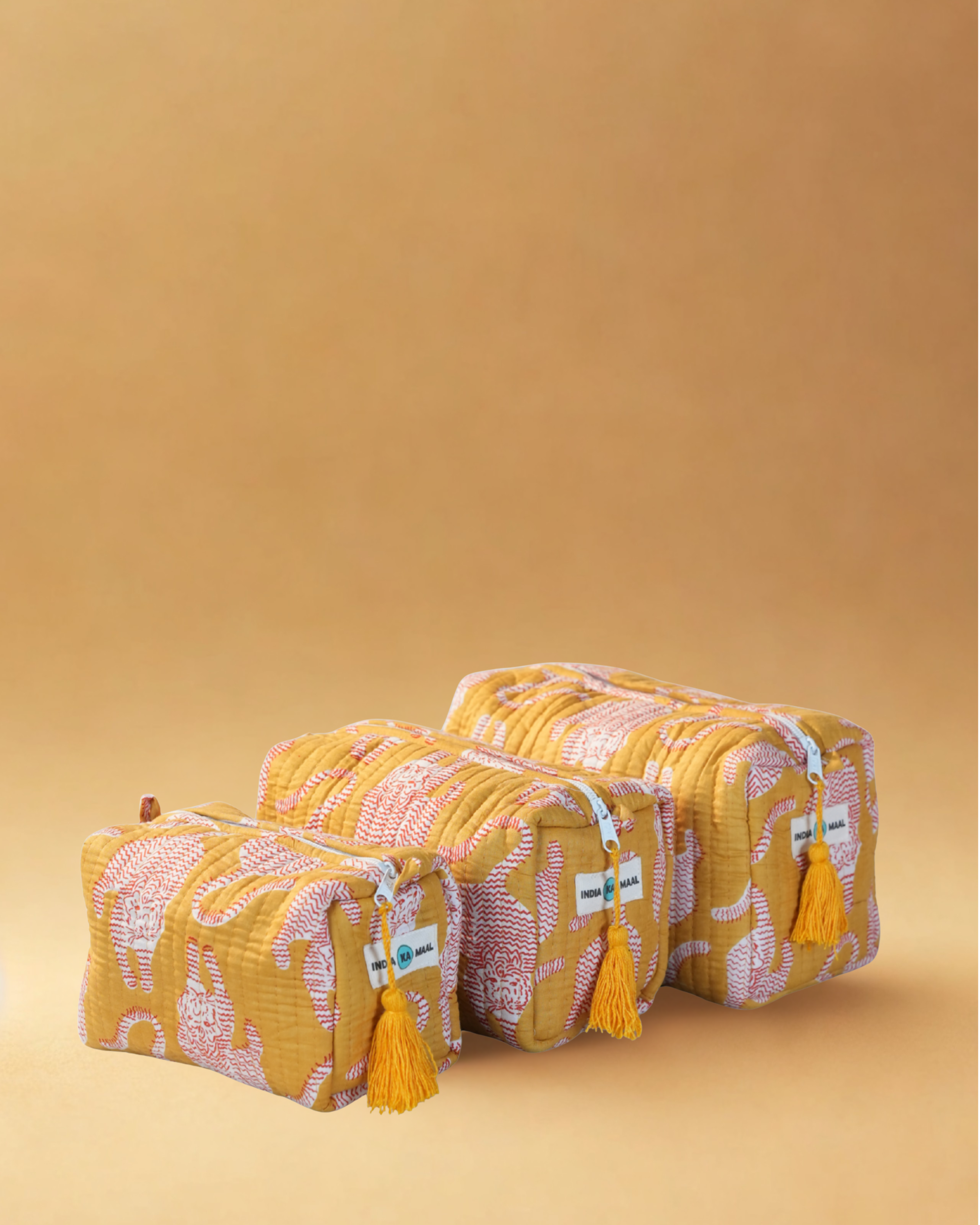 Handblock Quilted Pouch Set of 3 (Mustard and White)