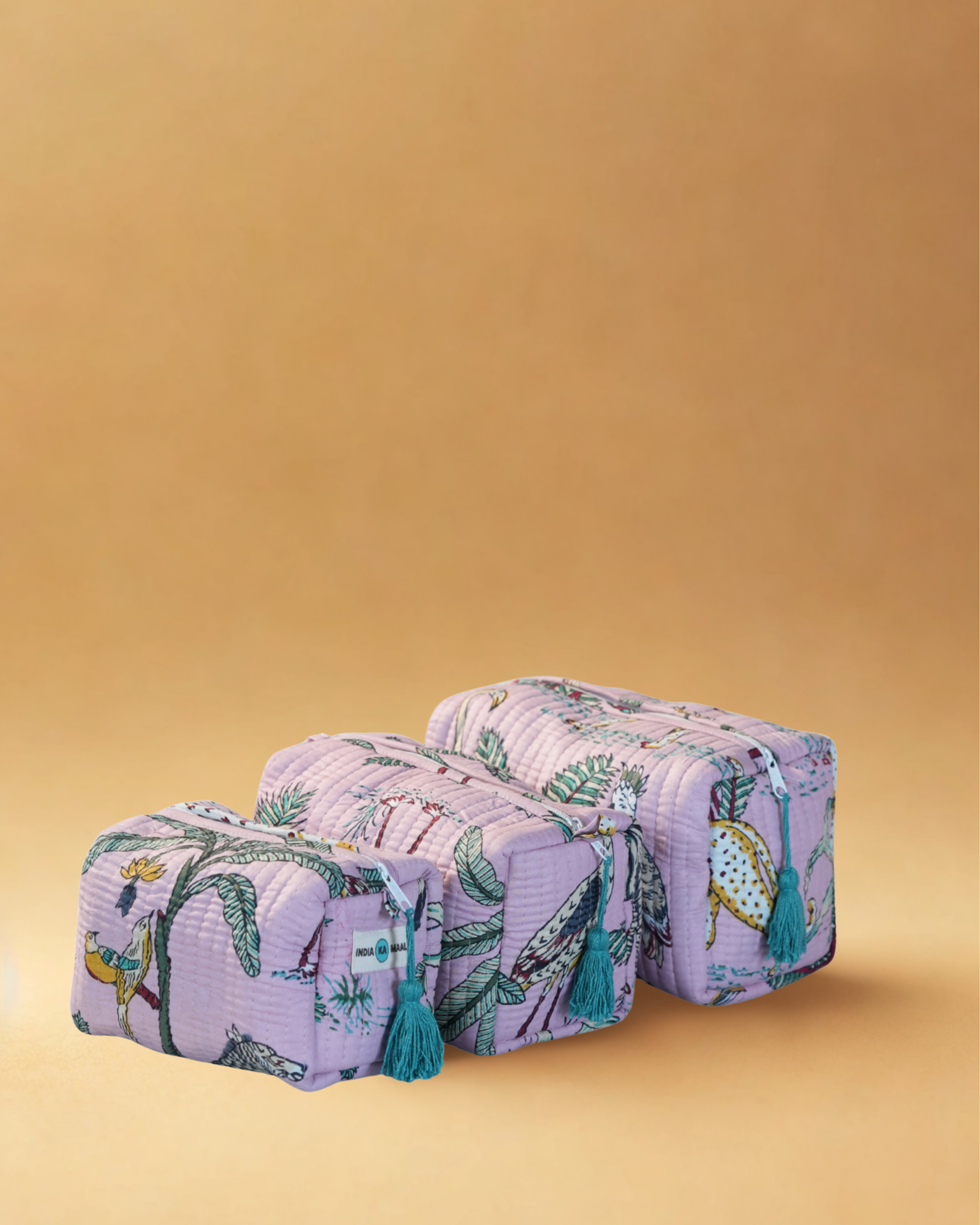 Handblock Quilted Pouch Set of 3 (Pink and Green)