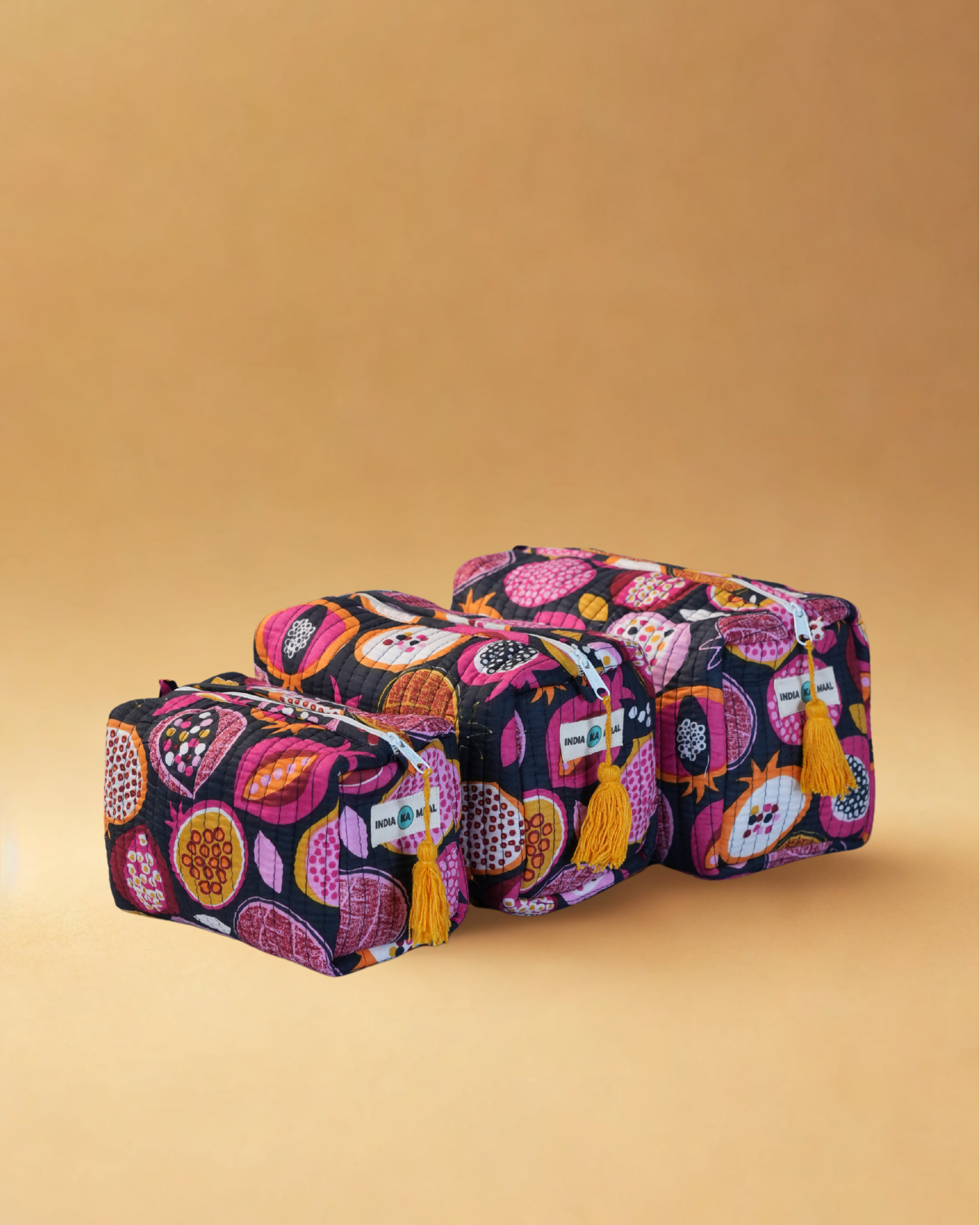 Handblock Quilted Pouch Set of 3 (Black and Pink)