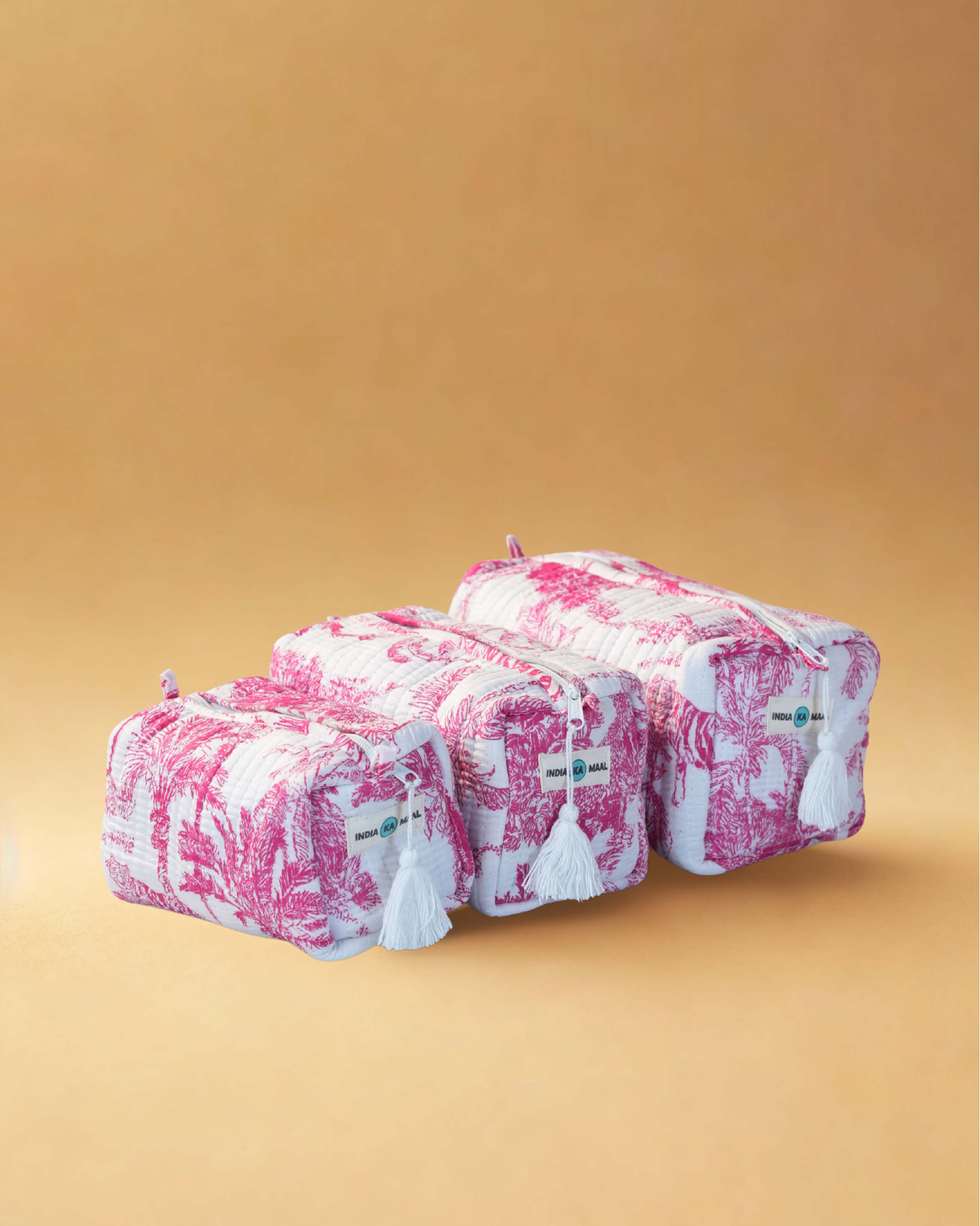 Handblock Quilted Pouch Set of 3 (White and Pink)