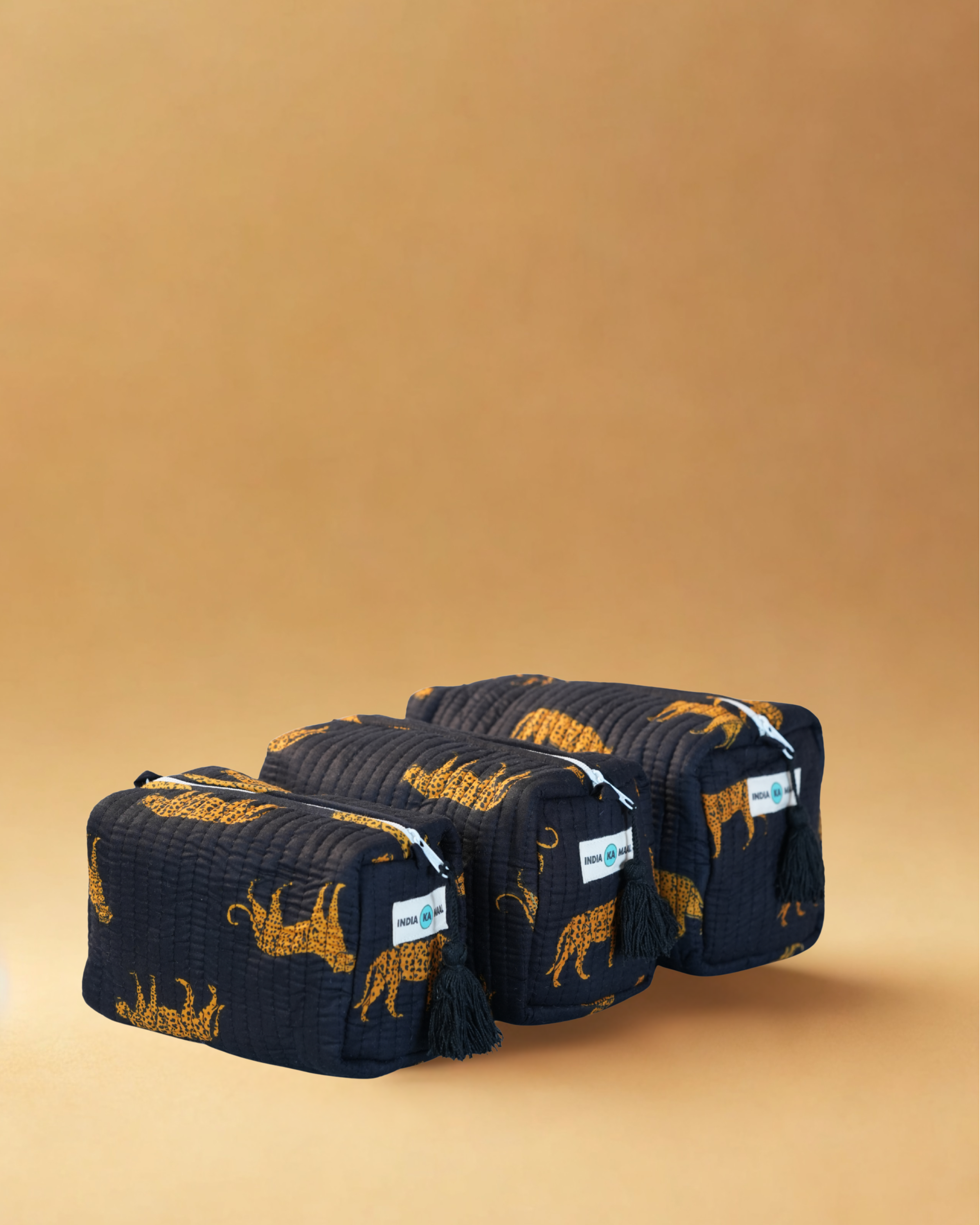 Handblock Quilted Pouch Set of 3 (Black and Orange)