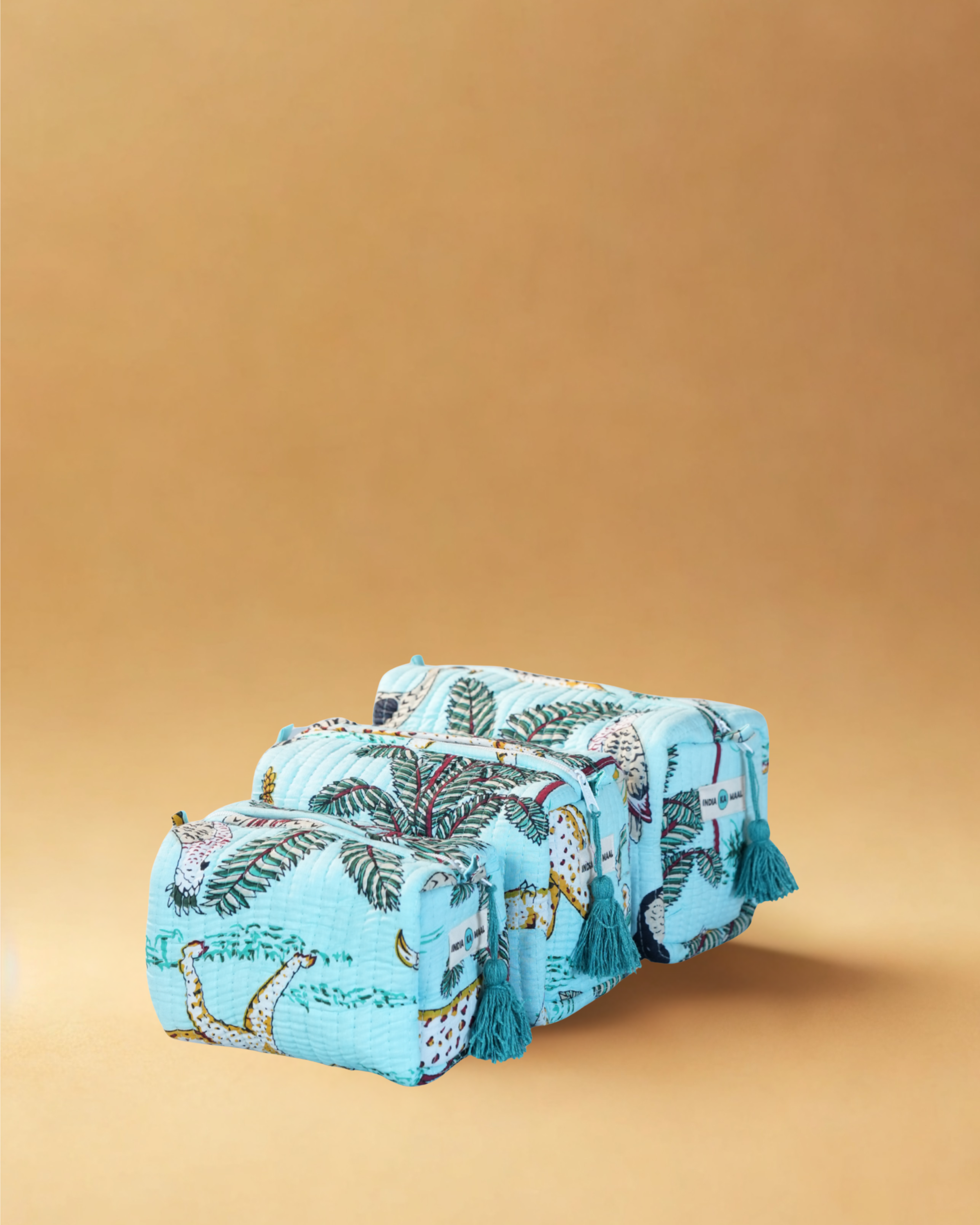 Handblock Quilted Pouch Set of 3 (Blue and Green)