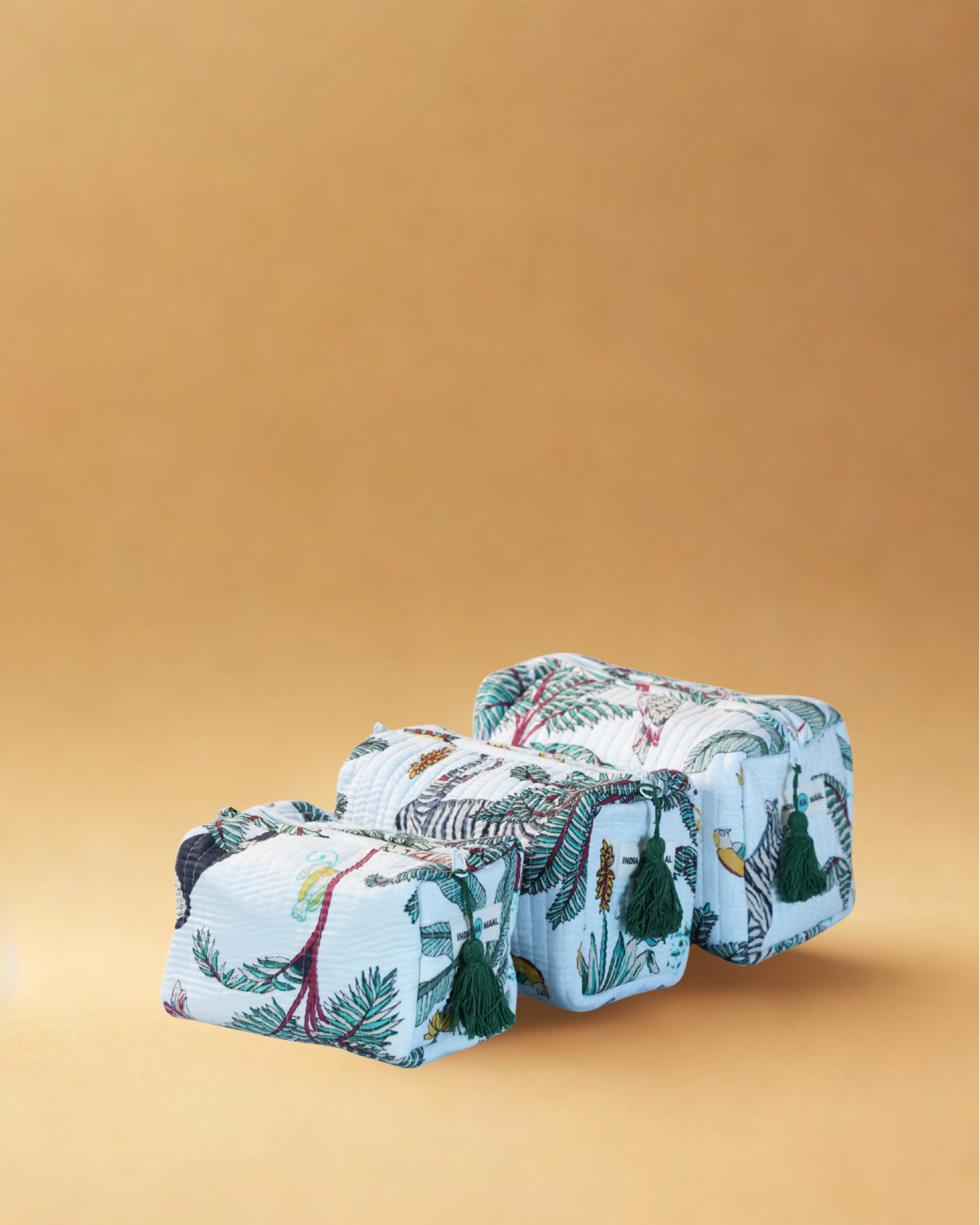 Handblock Quilted Pouch Set of 3 (White and Green)