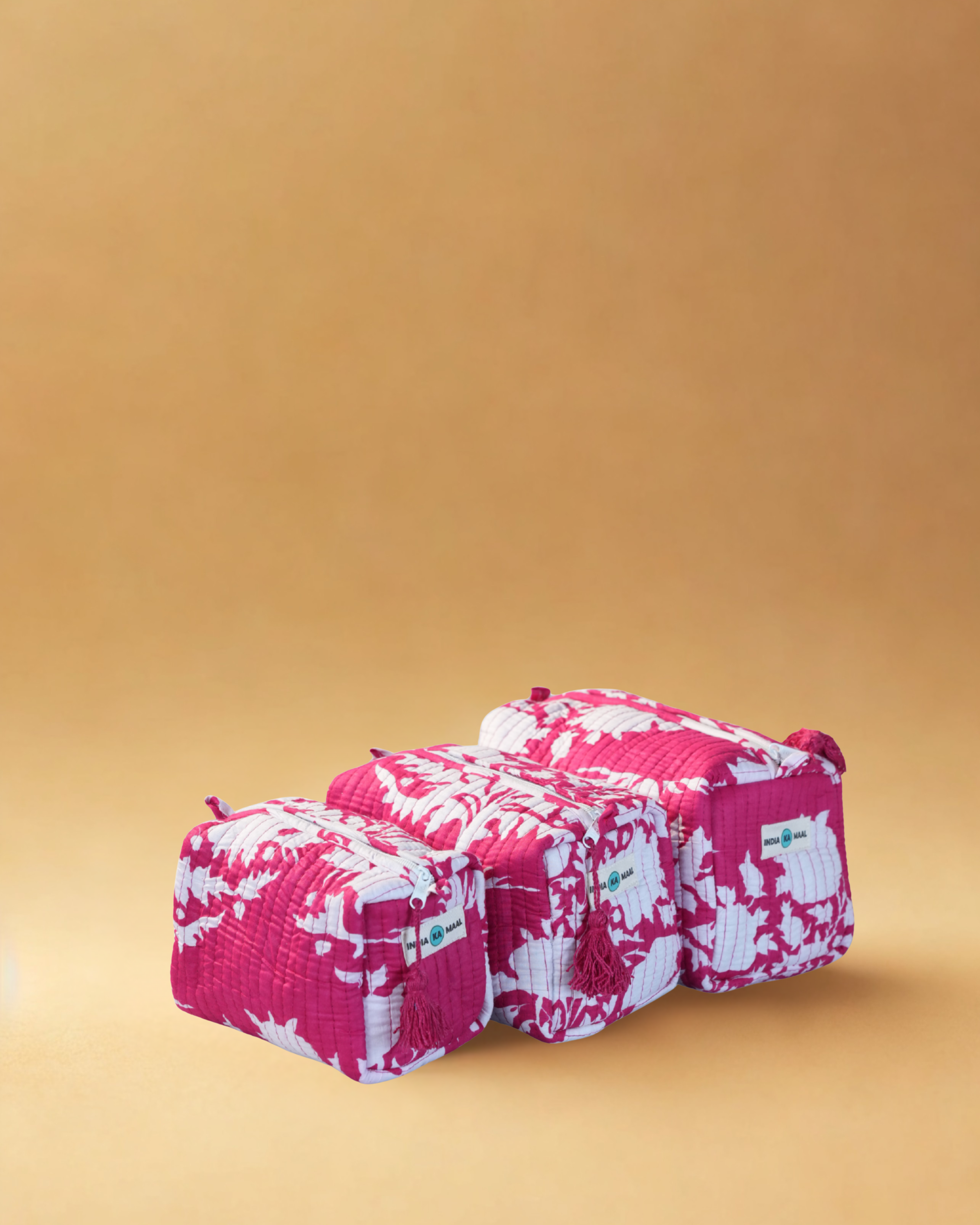 Handblock Quilted Pouch Set of 3 (Pink and White)