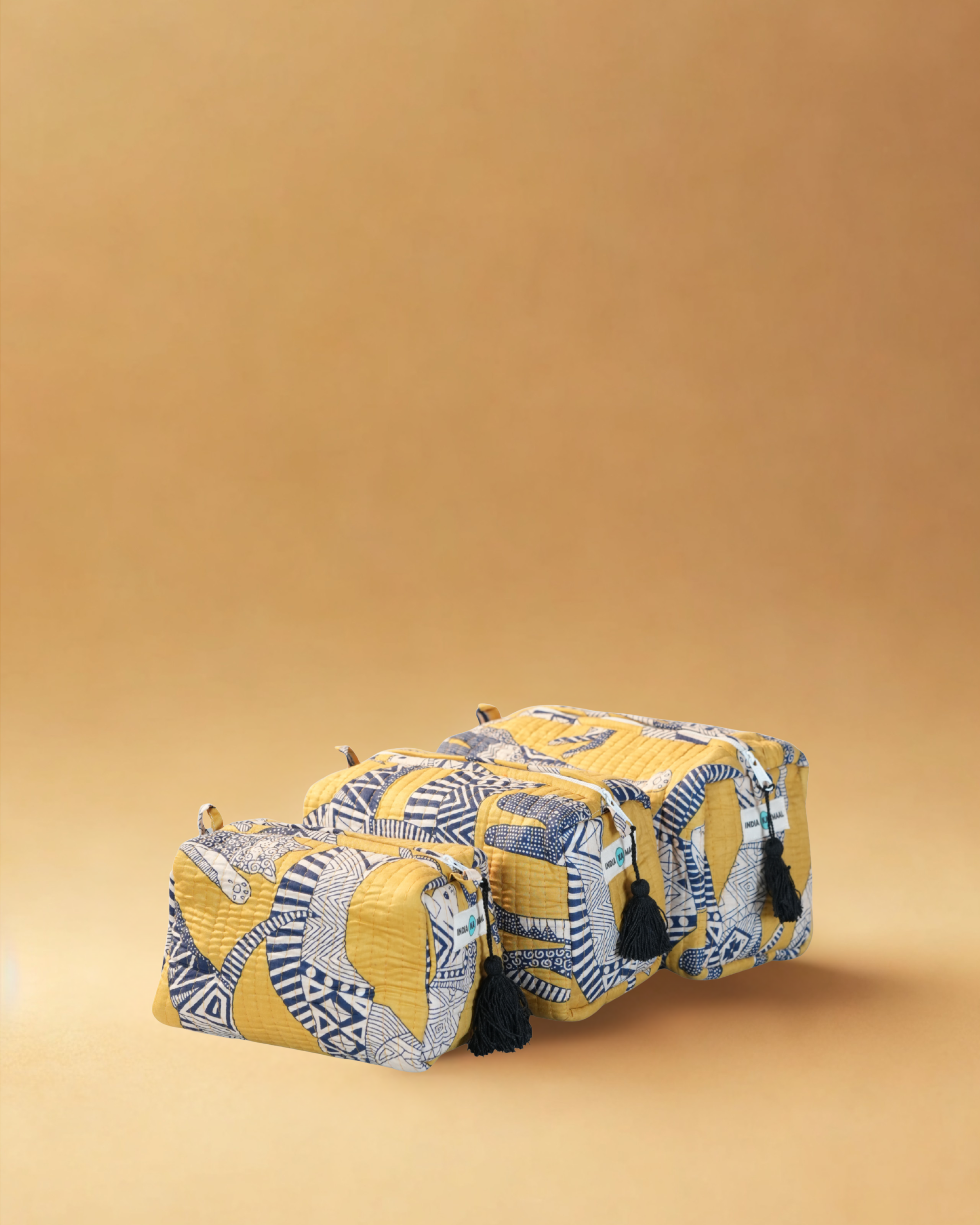 Handblock Quilted Pouch Set of 3 (Yellow and Black)