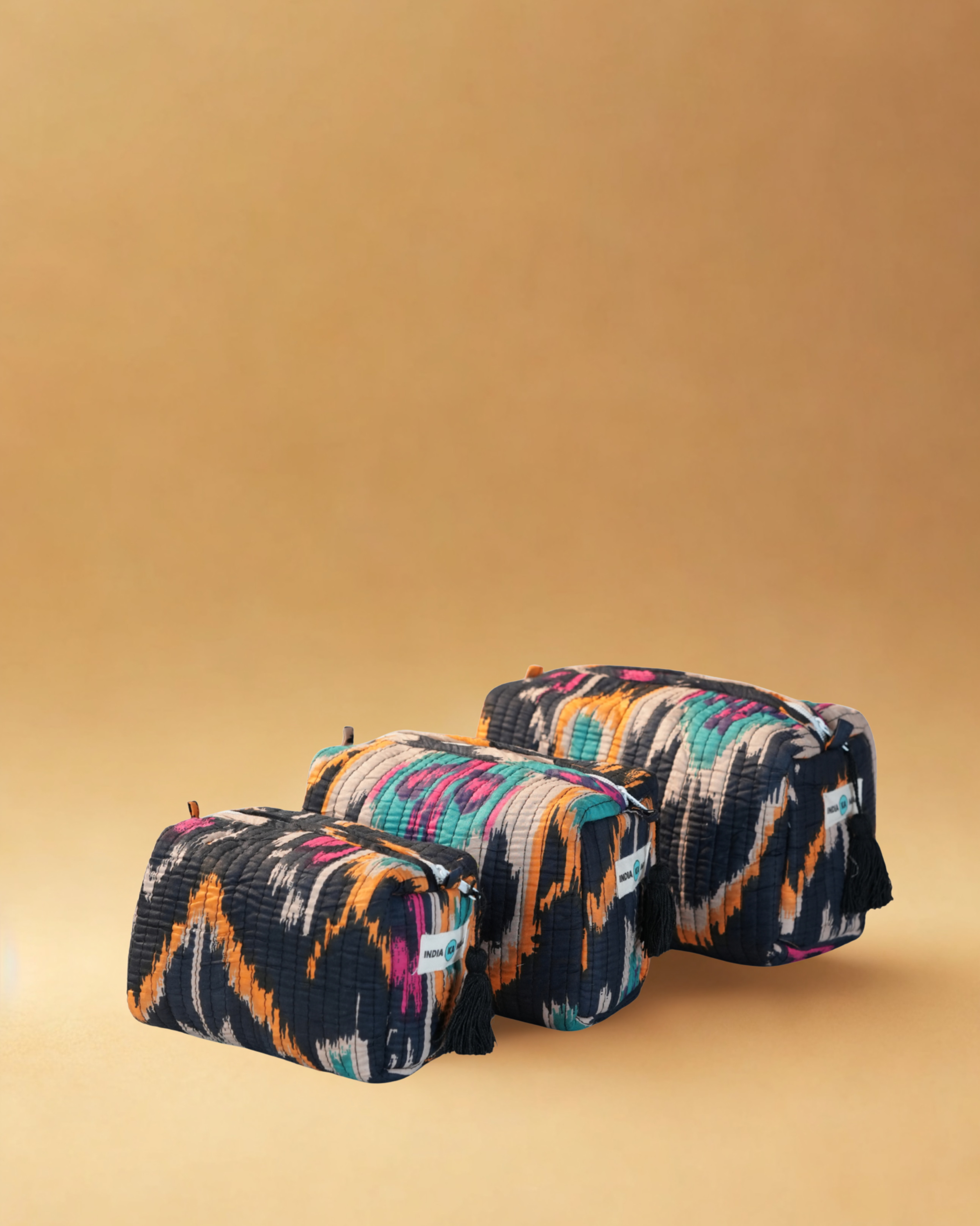 Handblock Quilted Pouch Set of 3 (Black and Yellow)