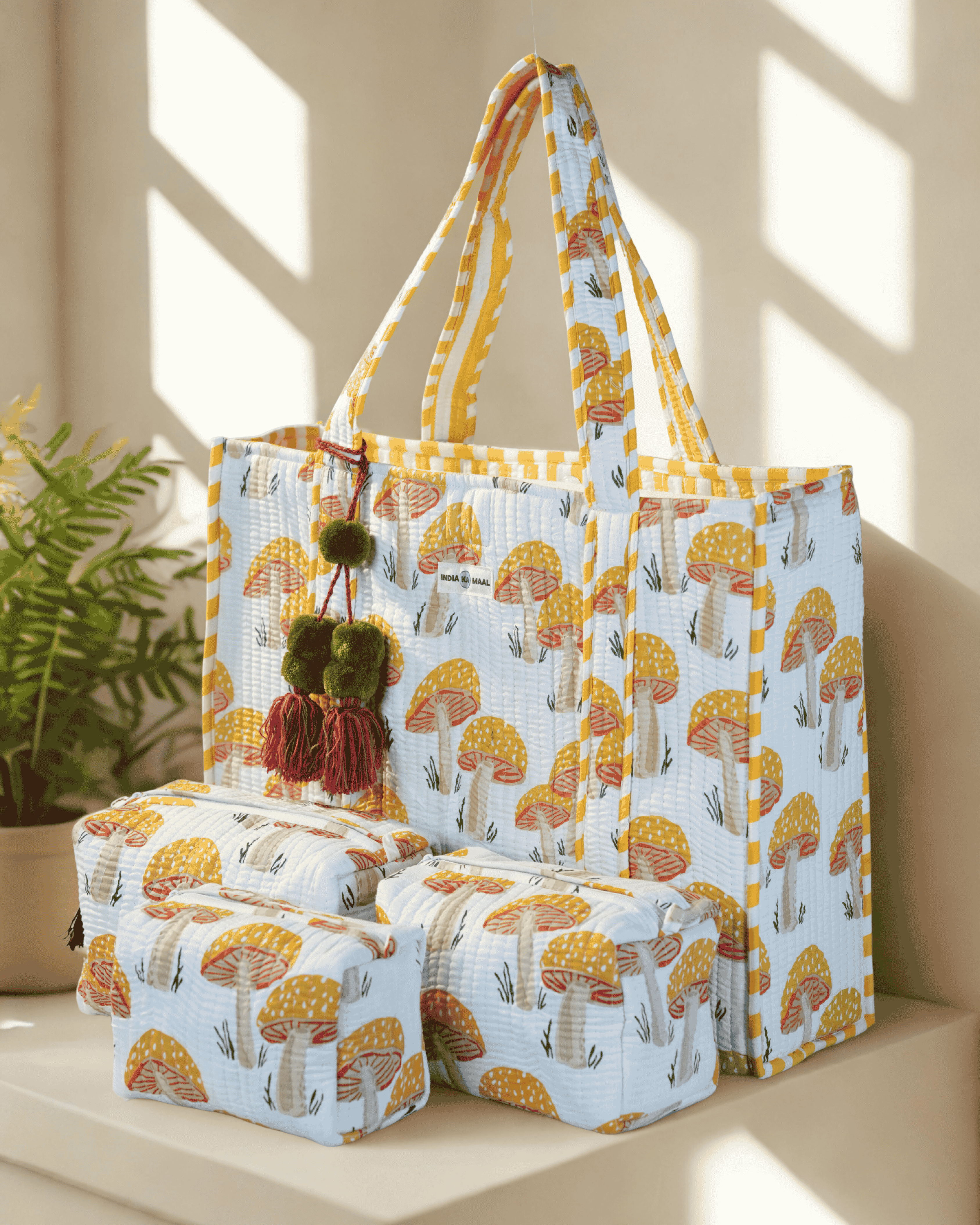 Hand Block Print Quilted Tote with 3 Matching Pouches (White and Yellow)